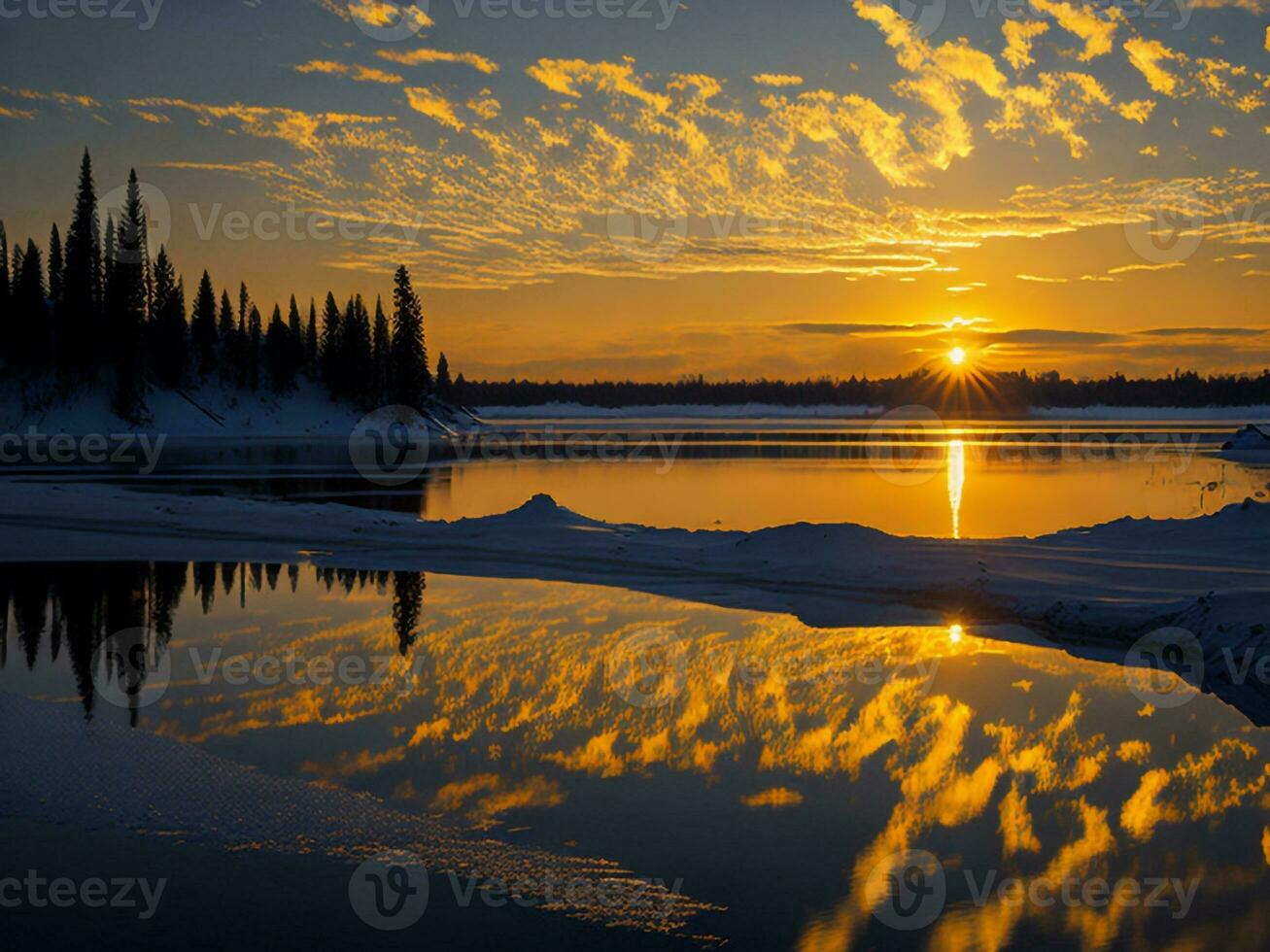 AI generated An image of a vibrant sunset over a serene lake, with colorful reflections shimmering on the water with snow photo