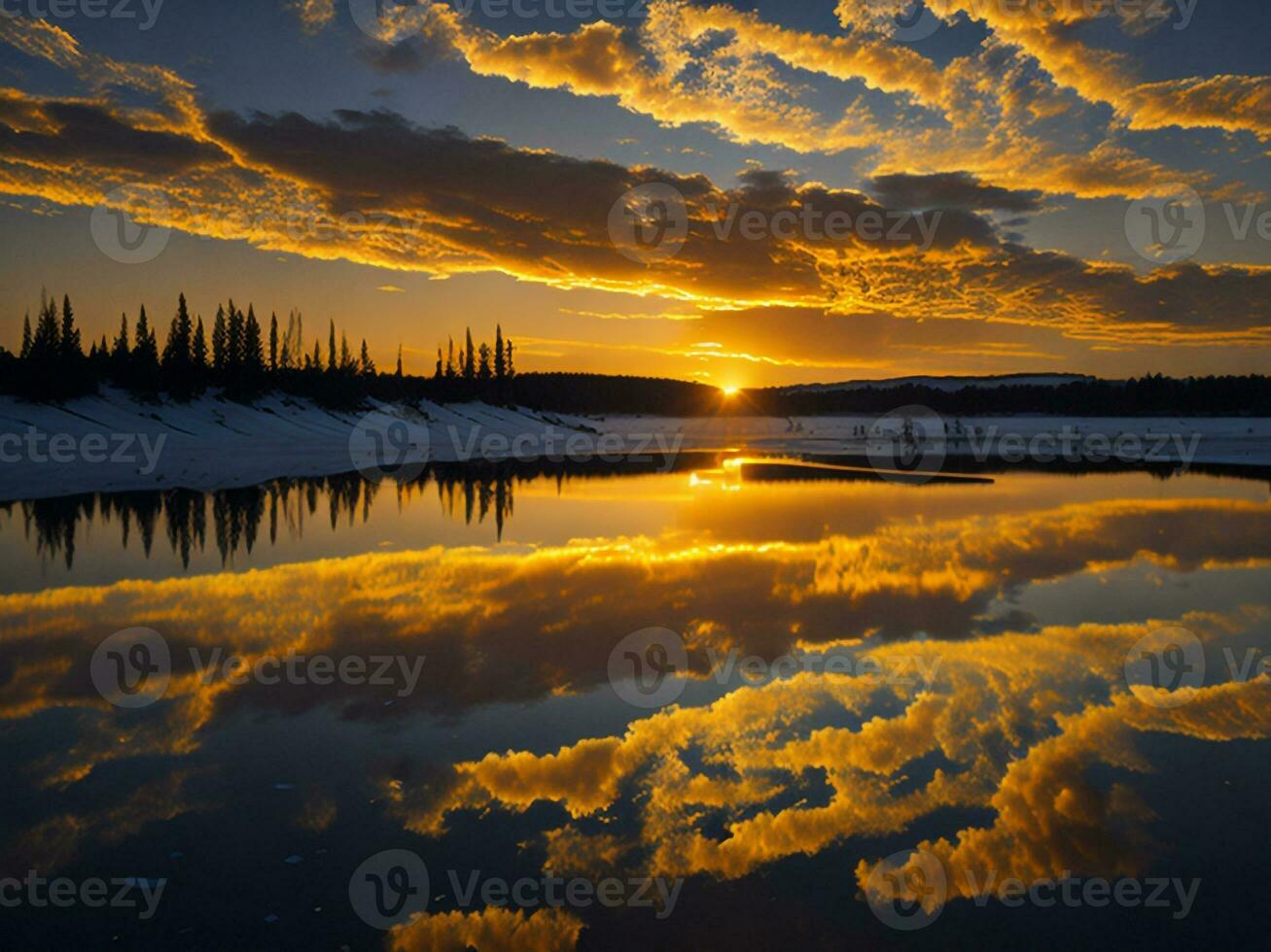 AI generated An image of a vibrant sunset over a serene lake, with colorful reflections shimmering on the water with snow photo
