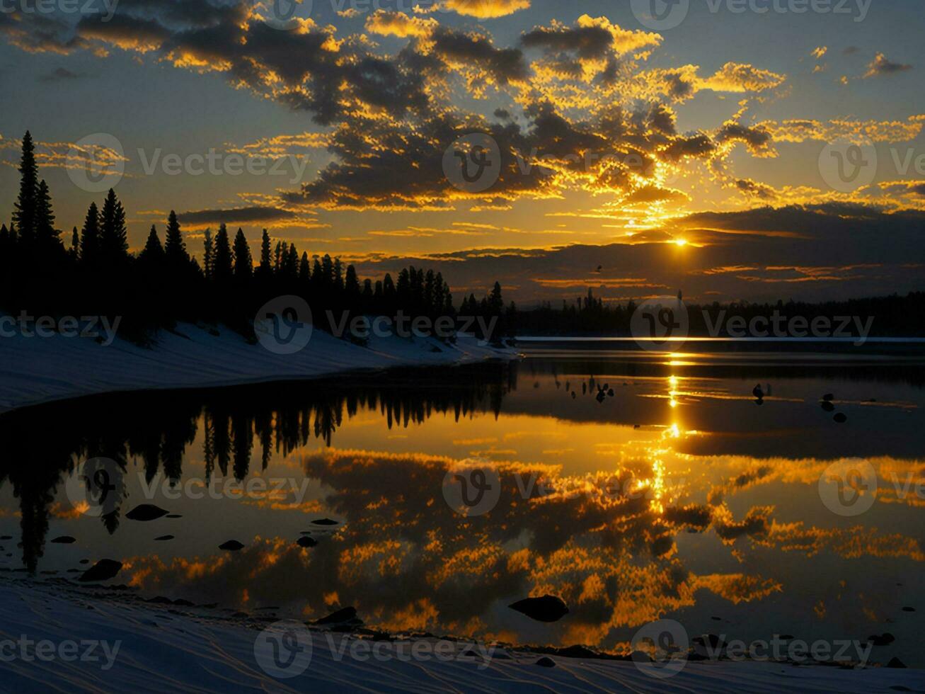 AI generated An image of a vibrant sunset over a serene lake, with colorful reflections shimmering on the water with snow photo