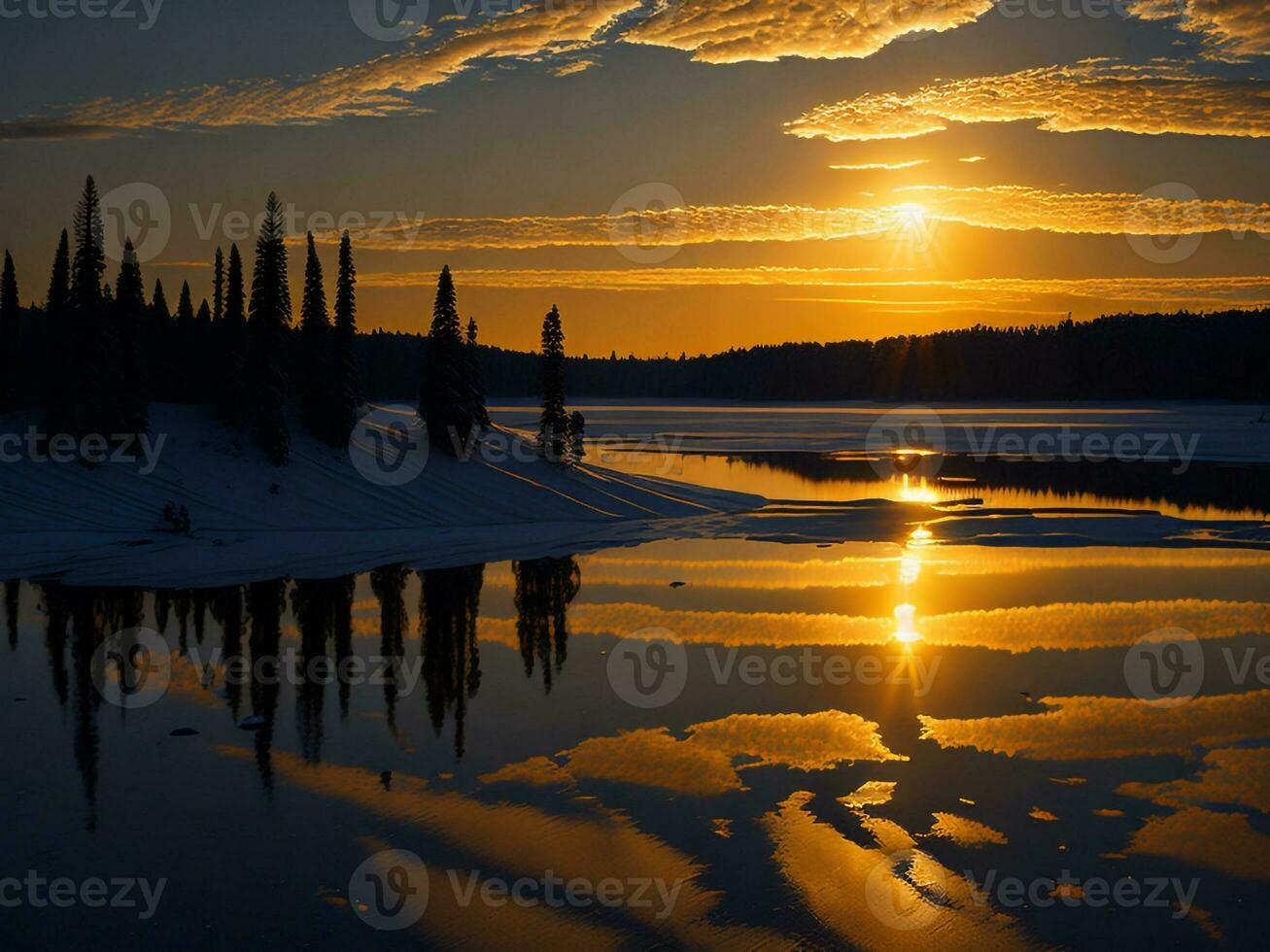 AI generated An image of a vibrant sunset over a serene lake, with colorful reflections shimmering on the water with snow photo