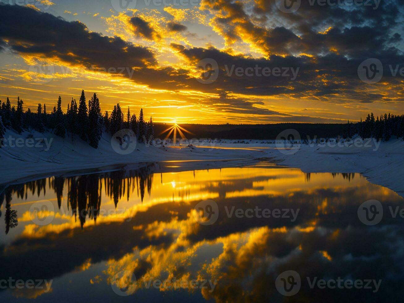 AI generated An image of a vibrant sunset over a serene lake, with colorful reflections shimmering on the water with snow photo