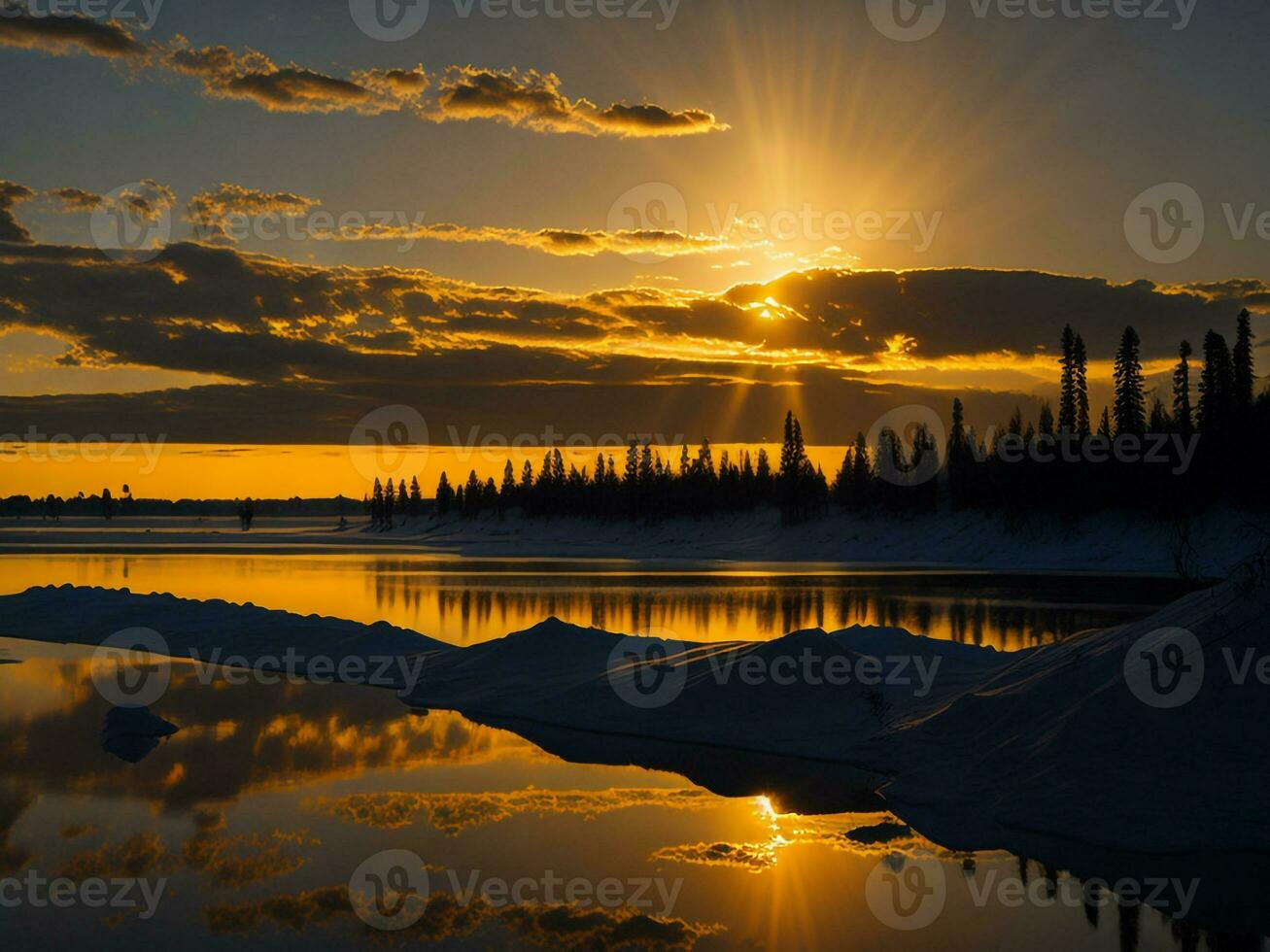 AI generated An image of a vibrant sunset over a serene lake, with colorful reflections shimmering on the water with snow photo