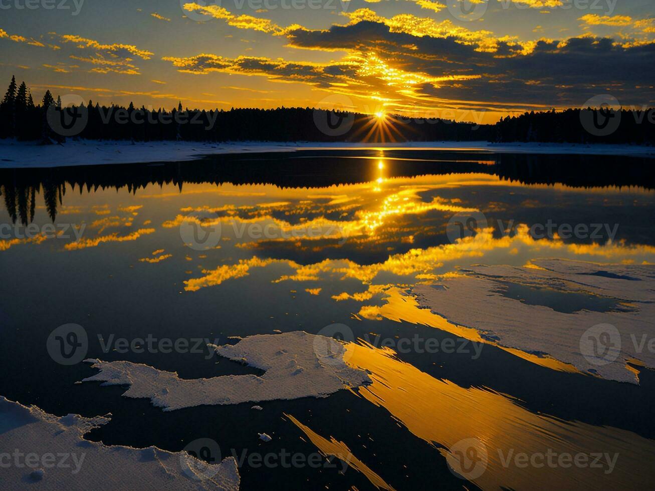 AI generated An image of a vibrant sunset over a serene lake, with colorful reflections shimmering on the water with snow photo