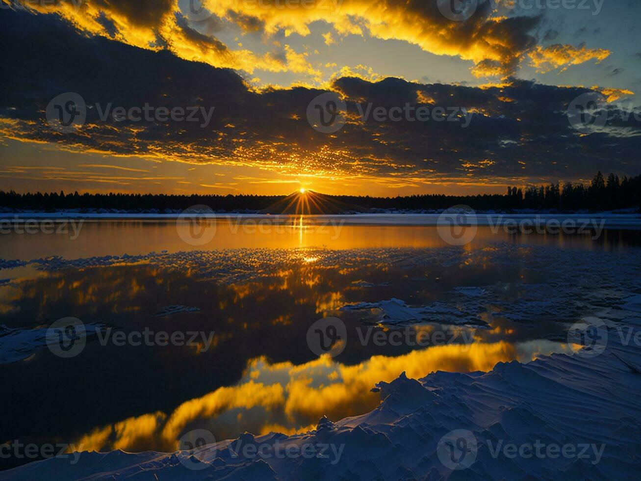AI generated An image of a vibrant sunset over a serene lake, with colorful reflections shimmering on the water with snow photo