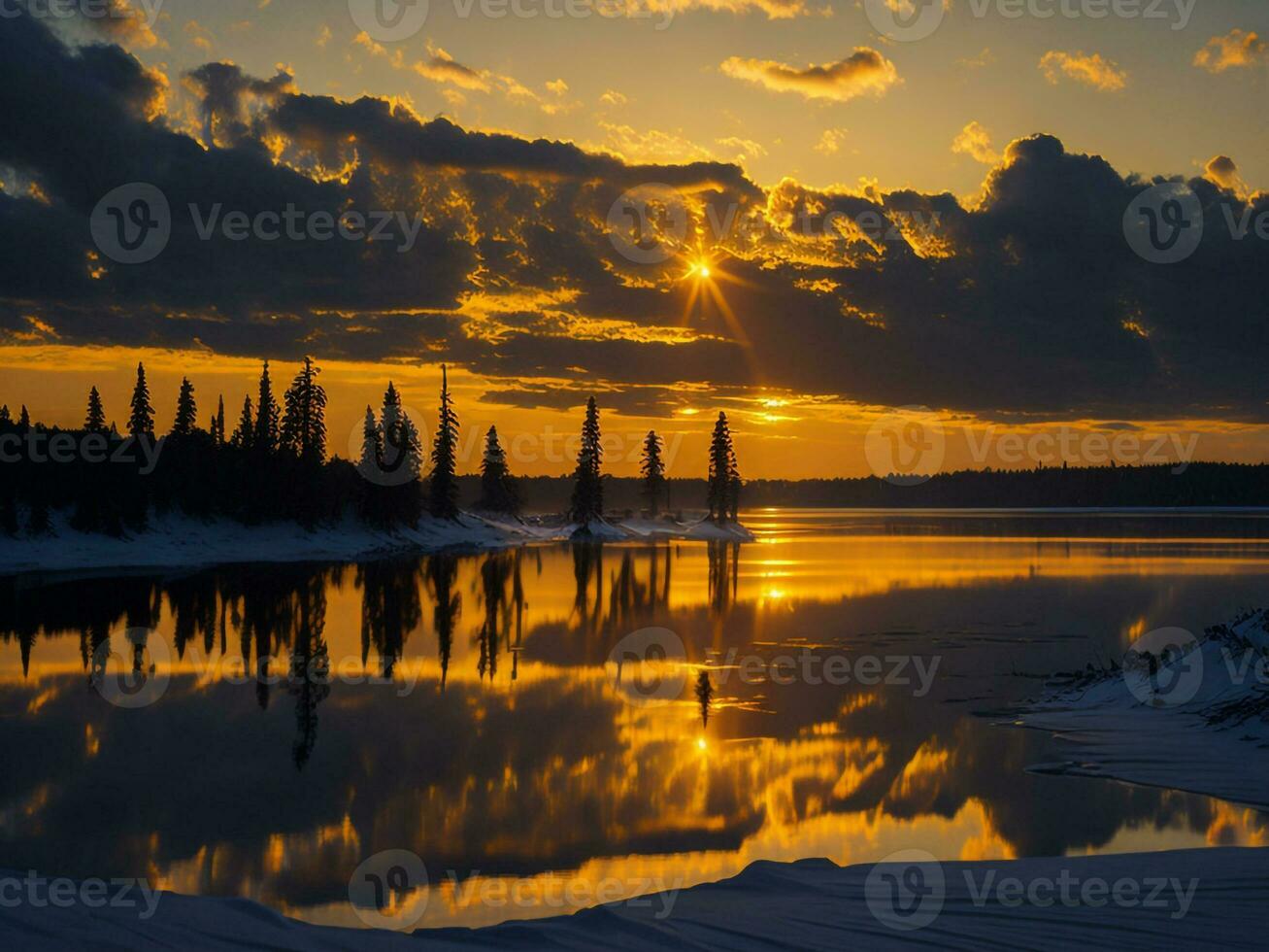 AI generated An image of a vibrant sunset over a serene lake, with colorful reflections shimmering on the water with snow photo