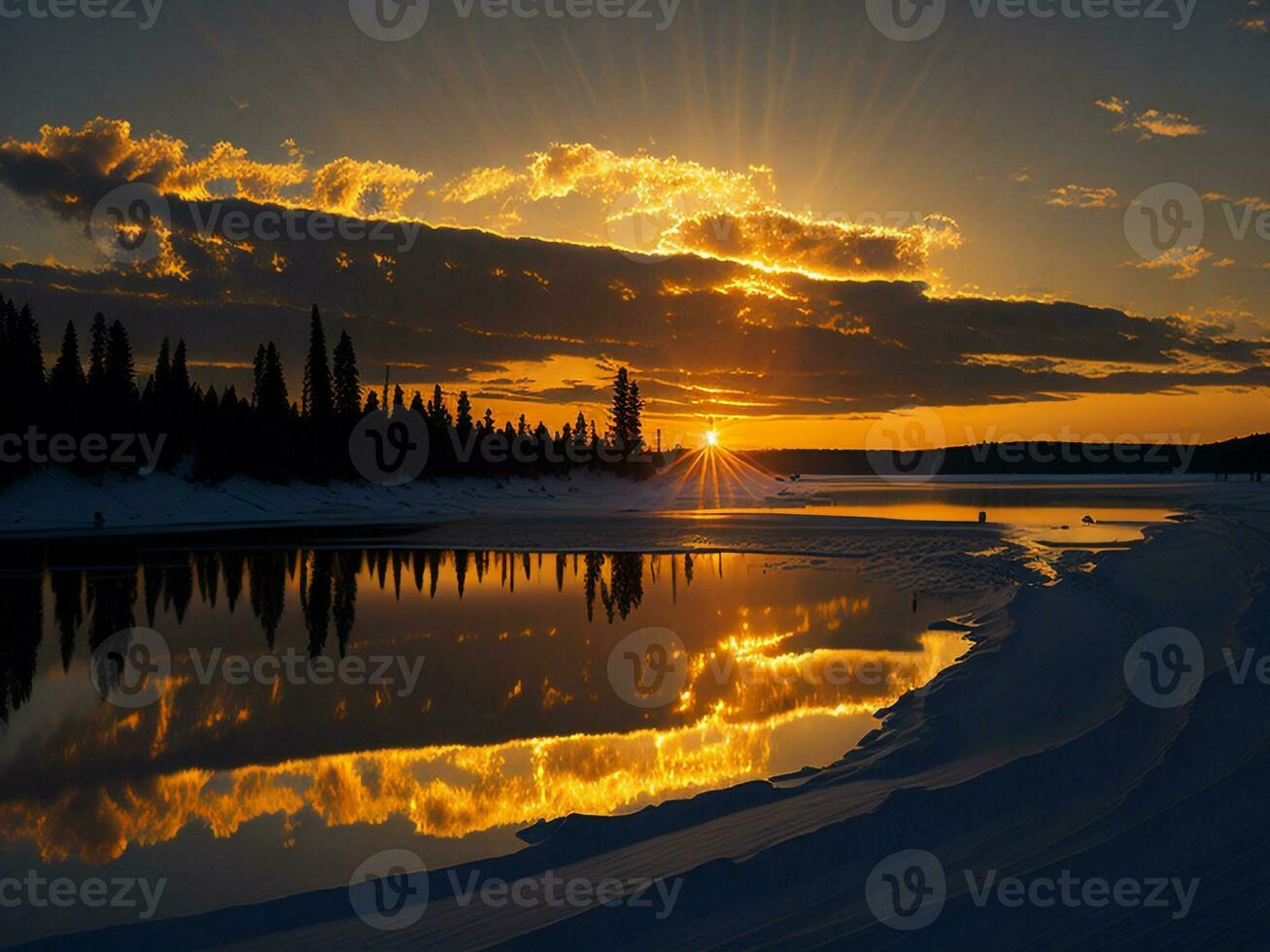 AI generated An image of a vibrant sunset over a serene lake, with colorful reflections shimmering on the water with snow photo