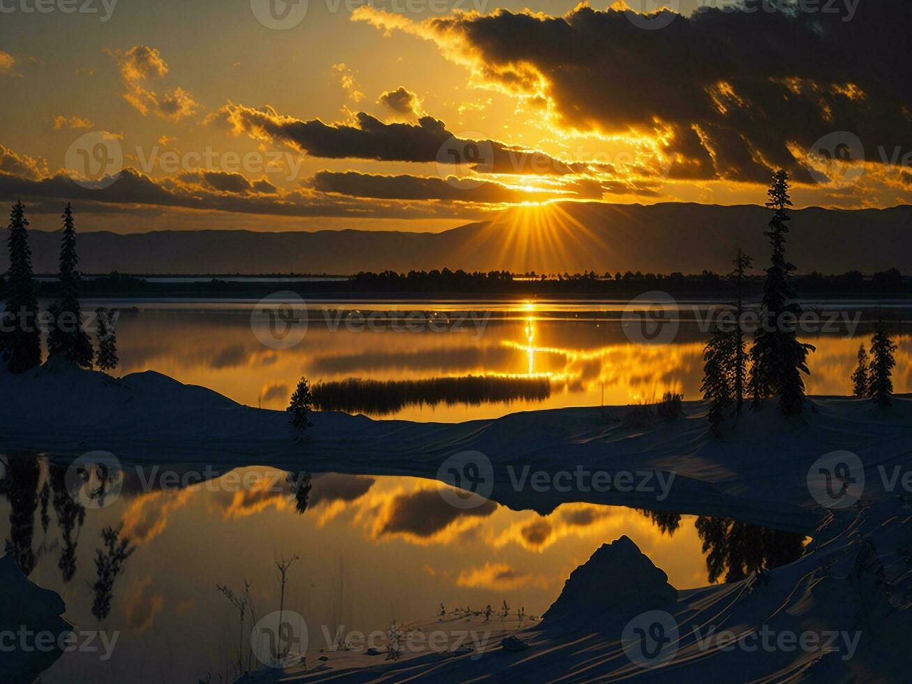 AI generated An image of a vibrant sunset over a serene lake, with colorful reflections shimmering on the water with snow photo