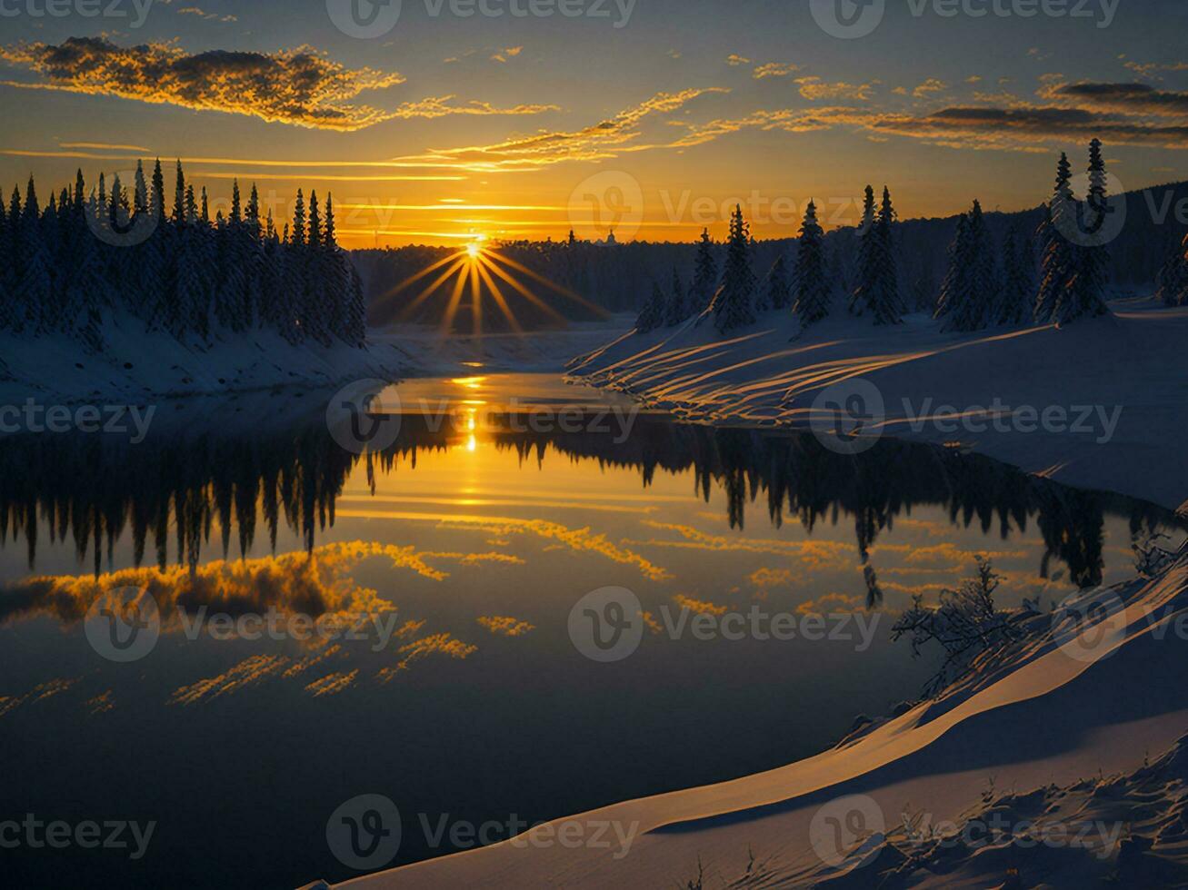 AI generated An image of a vibrant sunset over a serene lake, with colorful reflections shimmering on the water with snow photo