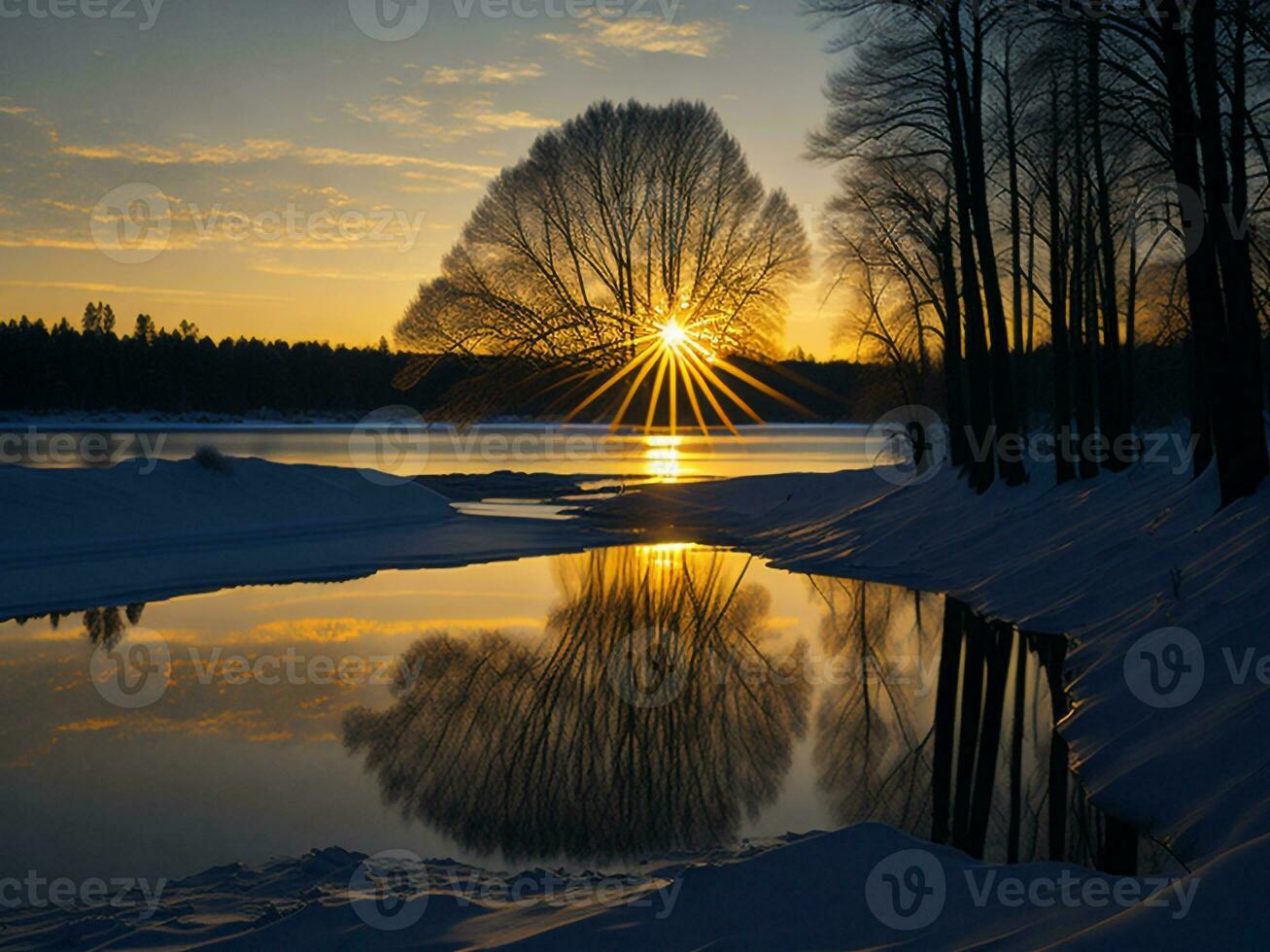 AI generated An image of a vibrant sunset over a serene lake, with colorful reflections shimmering on the water with snow photo