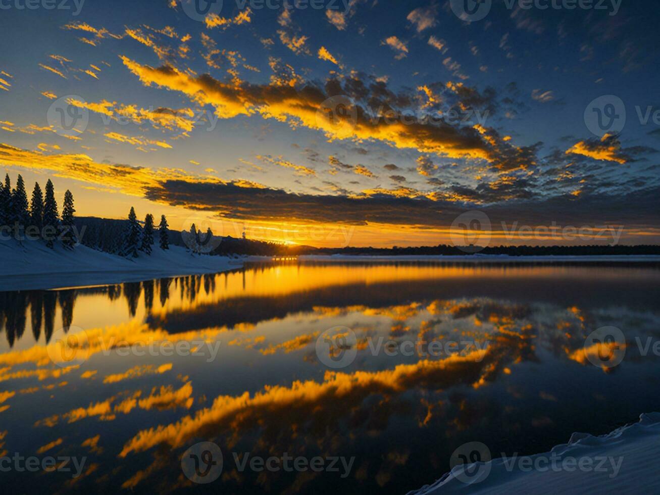 AI generated An image of a vibrant sunset over a serene lake, with colorful reflections shimmering on the water with snow photo