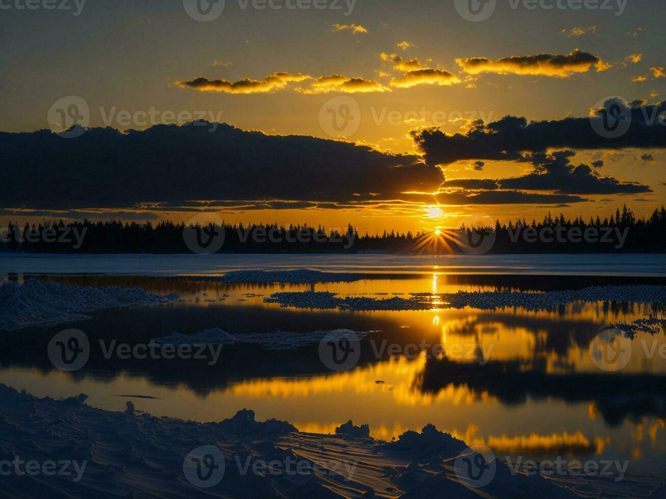 AI generated An image of a vibrant sunset over a serene lake, with colorful reflections shimmering on the water with snow photo