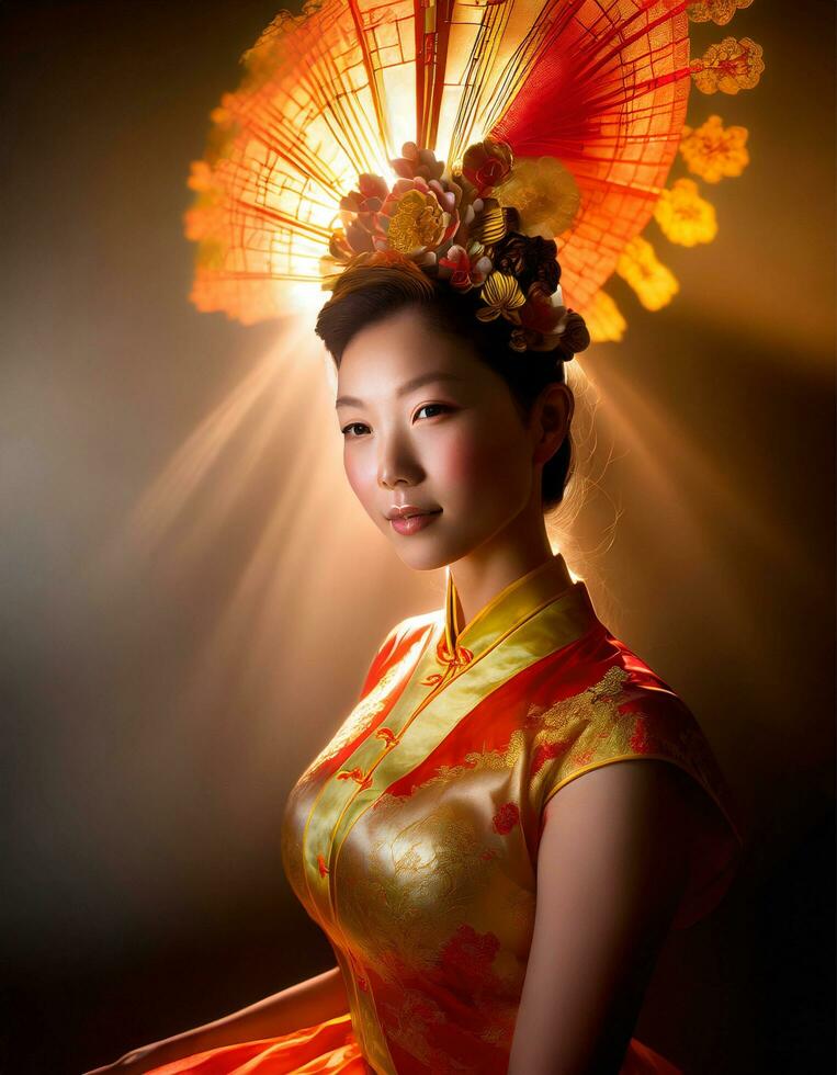 AI generated beautiful chinese woman in traditional cheongsam dress photo