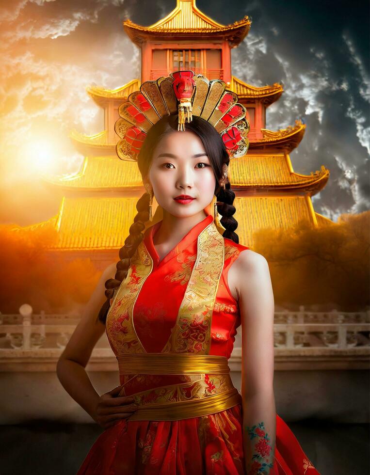 AI generated beautiful chinese woman in traditional cheongsam dress photo
