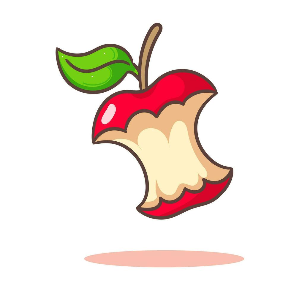 Cute red apple leftover core cartoon. Hand drawn fruit concept icon design. Isolated white background. Flat vector illustration.