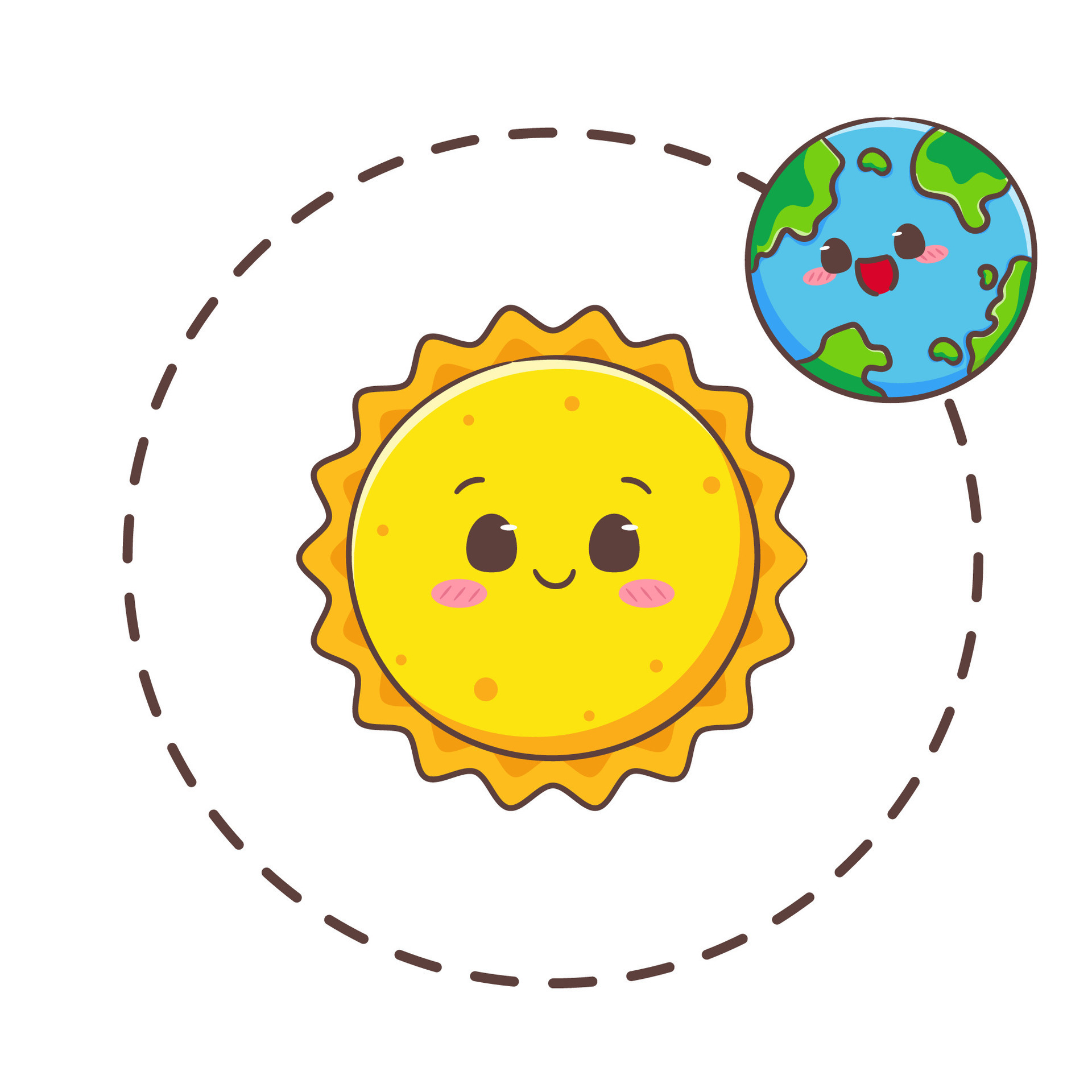 Cute Earth Cartoon Orbiting Around Sun World Concept Design Isolated cute-earth-cartoon-orbiting-around-sun-world-concept-design-isolated
