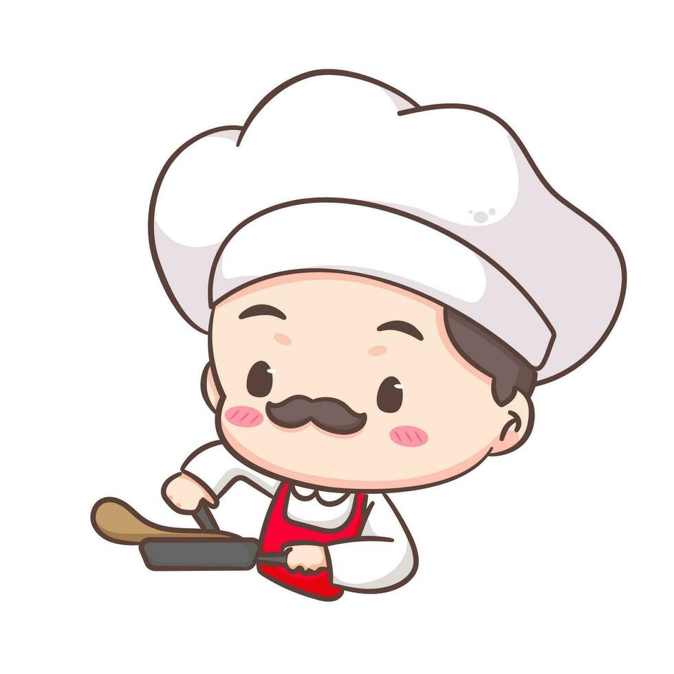 Cute chef logo mascot cartoon character. People professional concept design. Chibi flat vector illustration. Isolated white background.