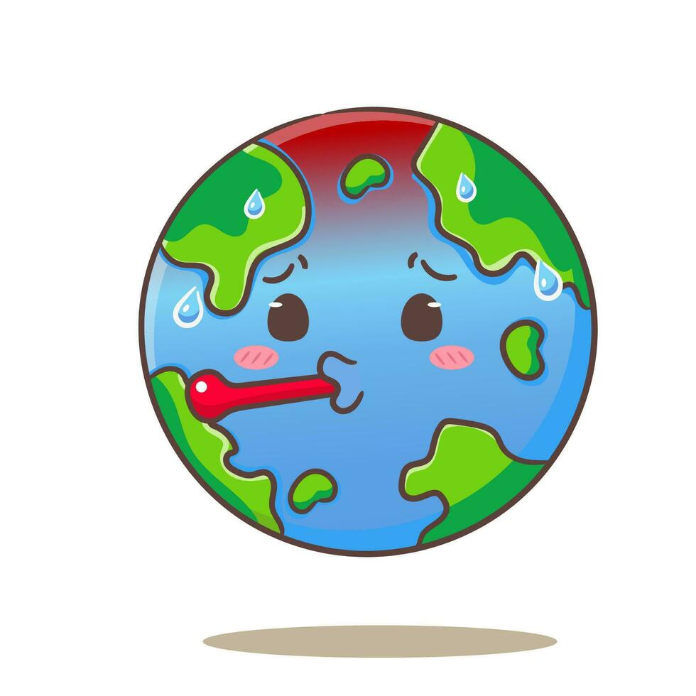 linda tierra dibujos animados con termómetro teniendo fiebre. global calentamiento y clima cambio concepto diseño. aislado blanco antecedentes. globo plano vector ilustración.