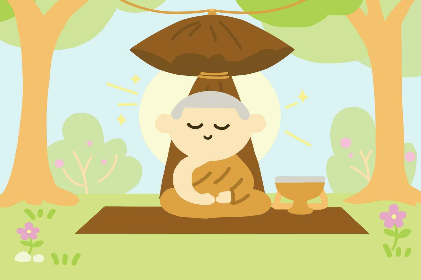 Monk doing vipassana meditation, digital illustration, cartoon style vector