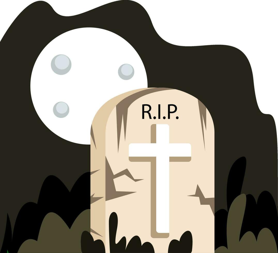 Vector illustration of grave stone under a full moon on a white background.