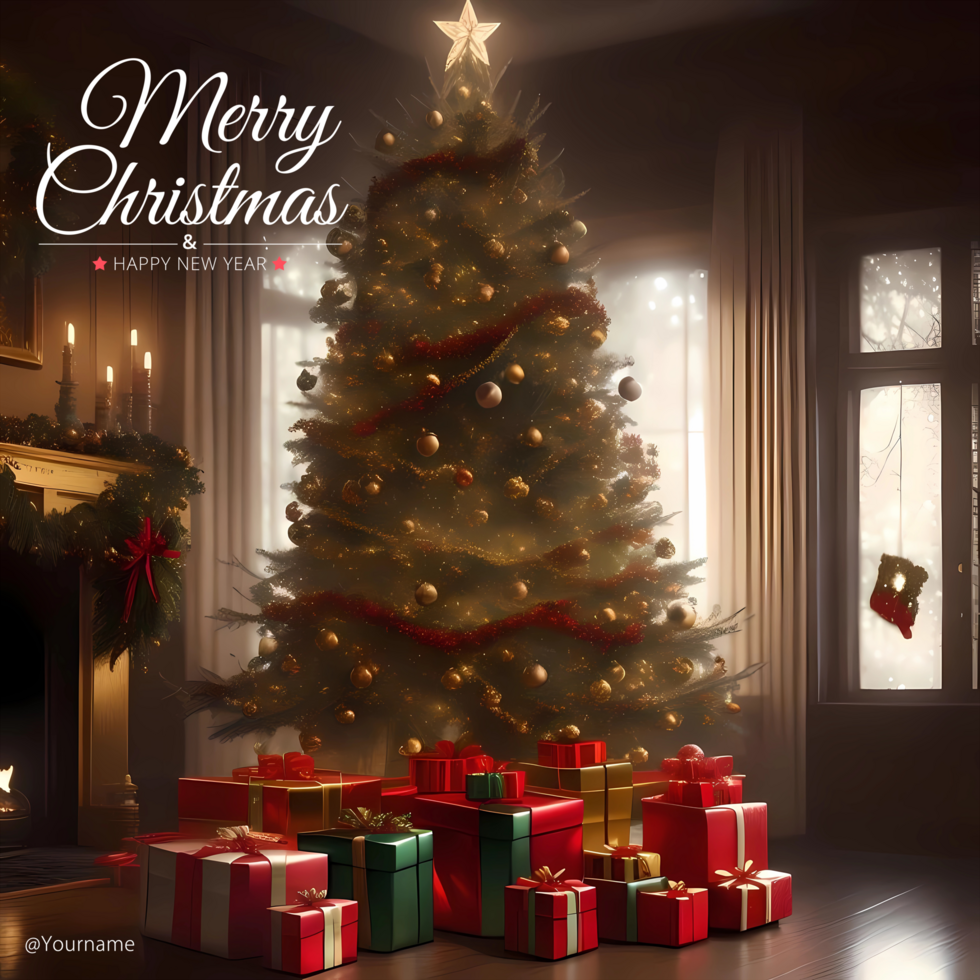 AI generated Merry Christmas Card Template With Beautifully Decorated Christmas Tree In Home With Presents Underneath psd