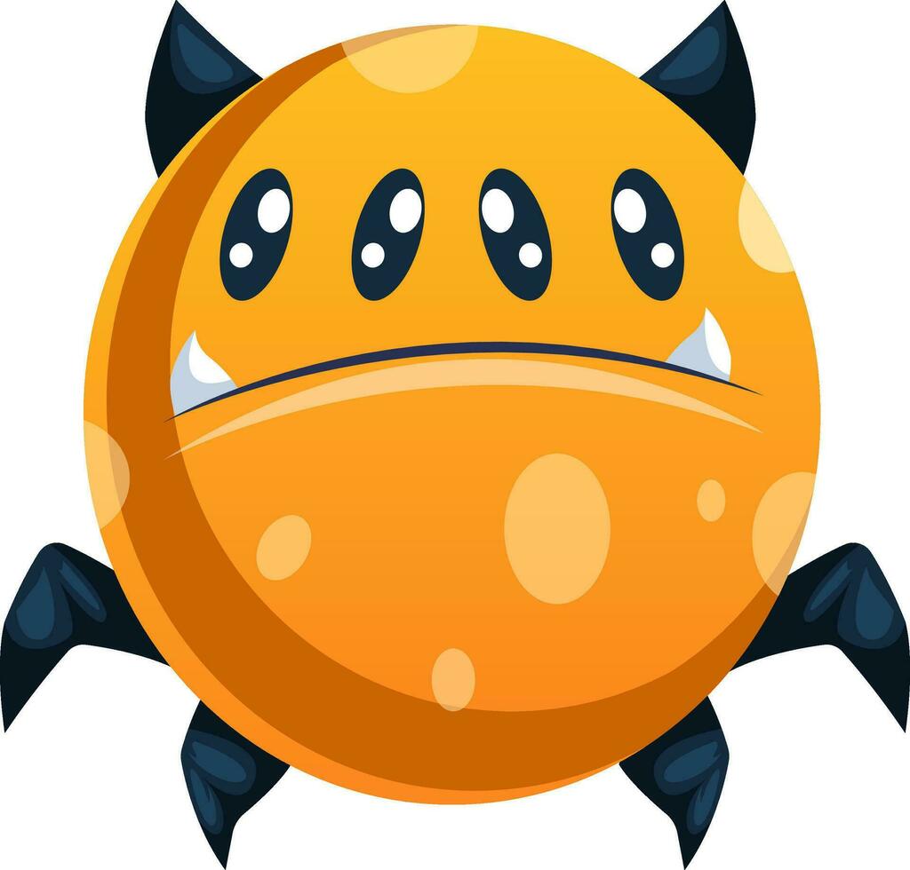 Orange doted spider looking cartoon character with four eyes and black legs and ears white background vector illustration.