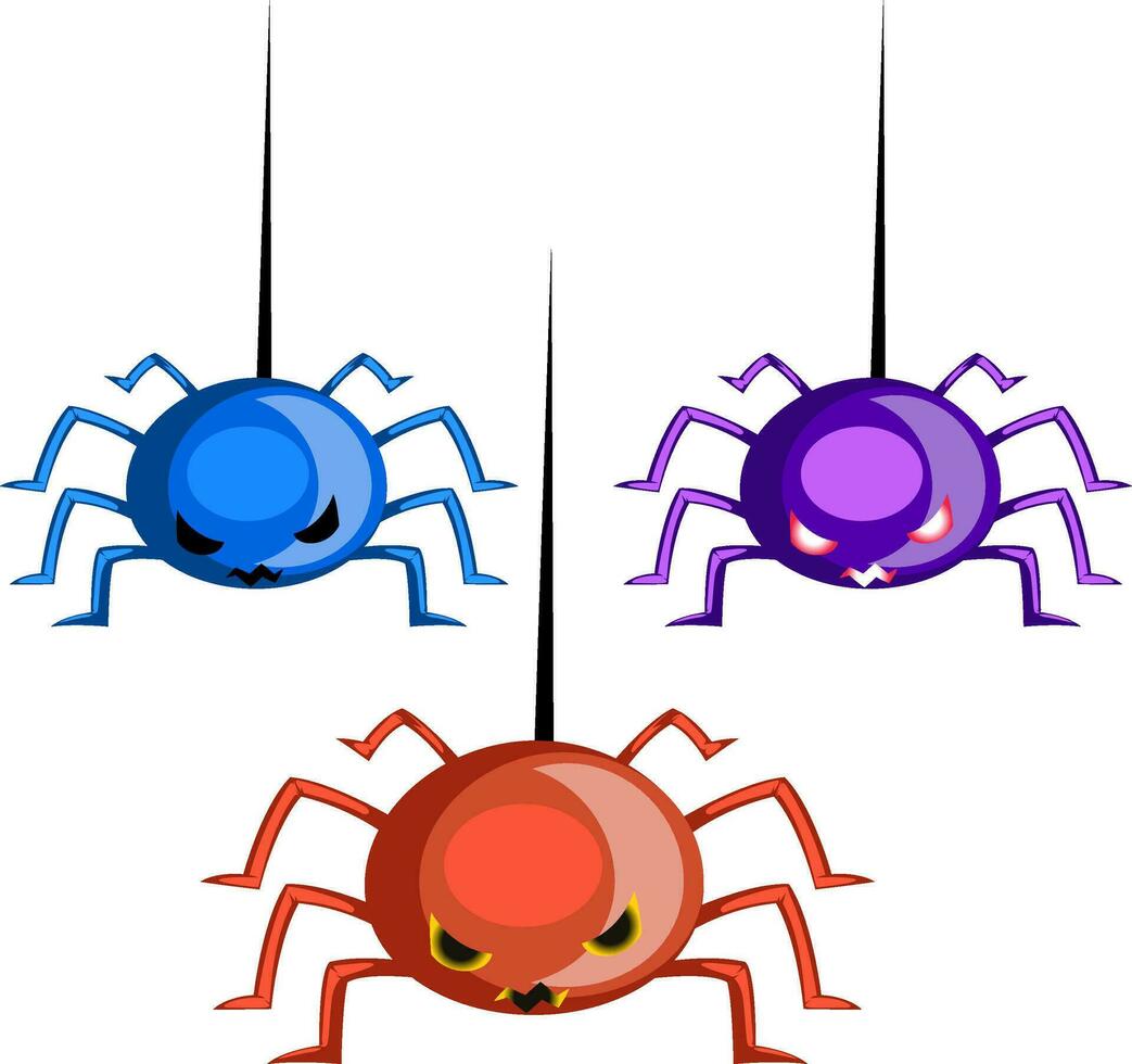 Blue orange and purple scary spider vector  illustration on white background.