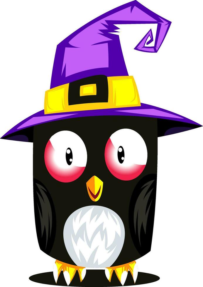 Sweet cartoon owl with purple witch hat on white background vector illustration.