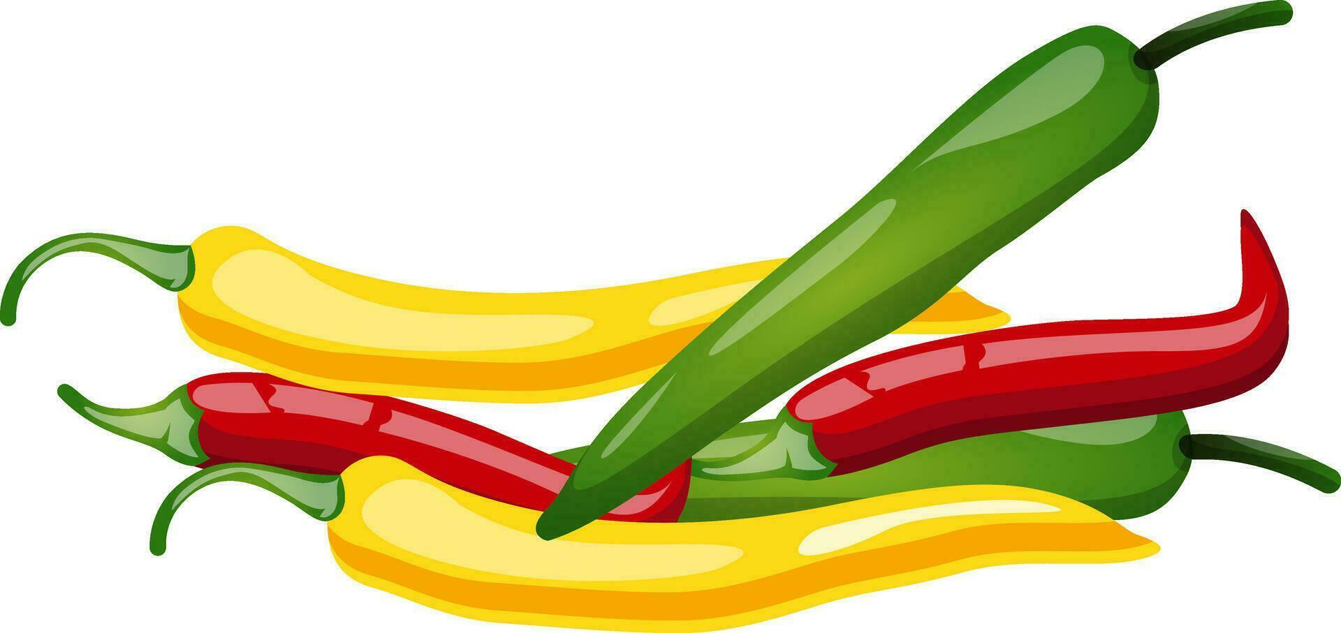 Red green and yellow chilli  cartoon fruit vector illustration on white background.