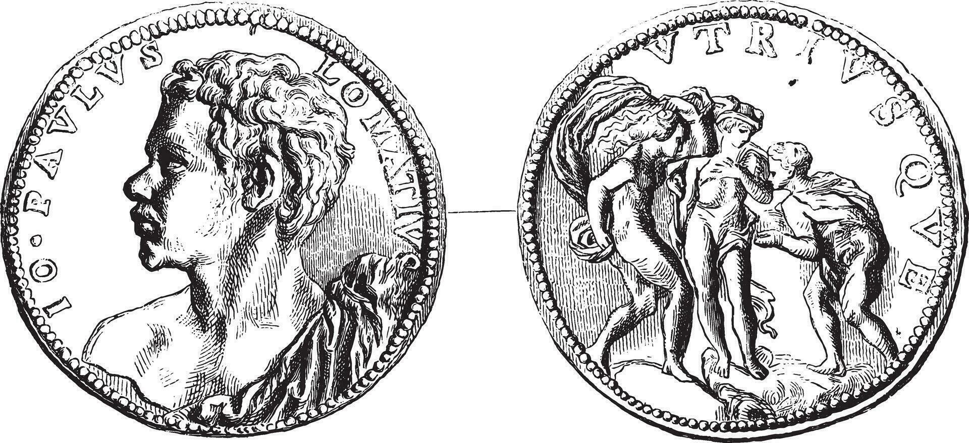 Medal of Lomazzo, copy of the Cabinet of medals of the Imperial Library, vintage engraving. vector