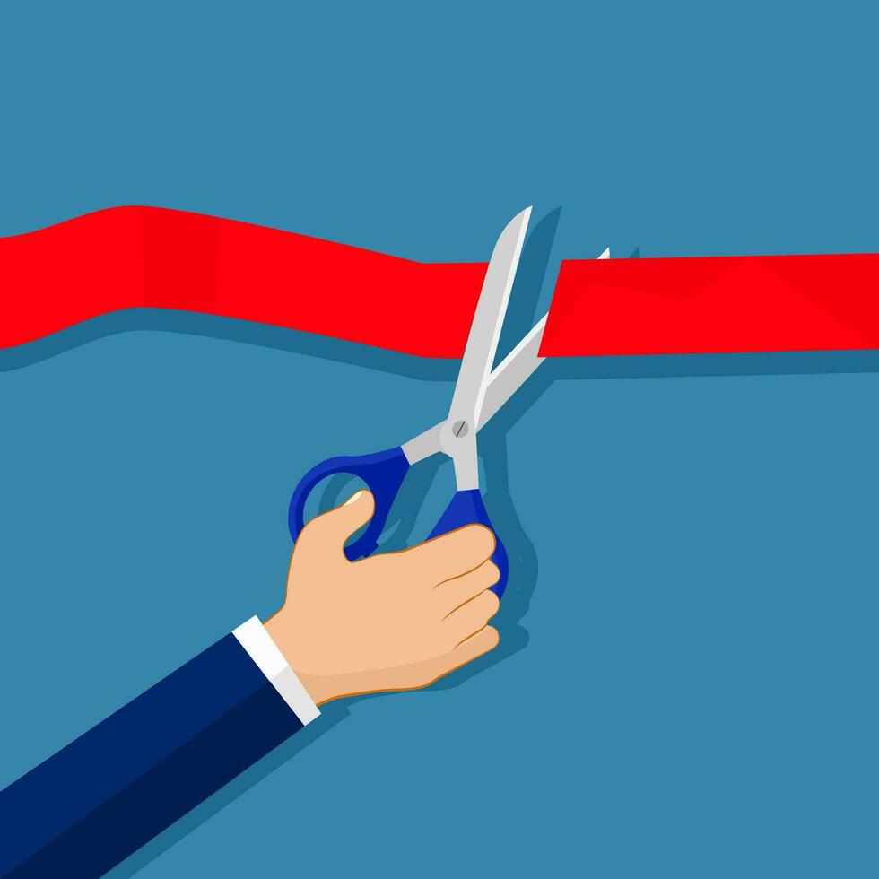 Human hand holding a pair of scissors and cut the red ribbon. Stock vector. Vector illustration