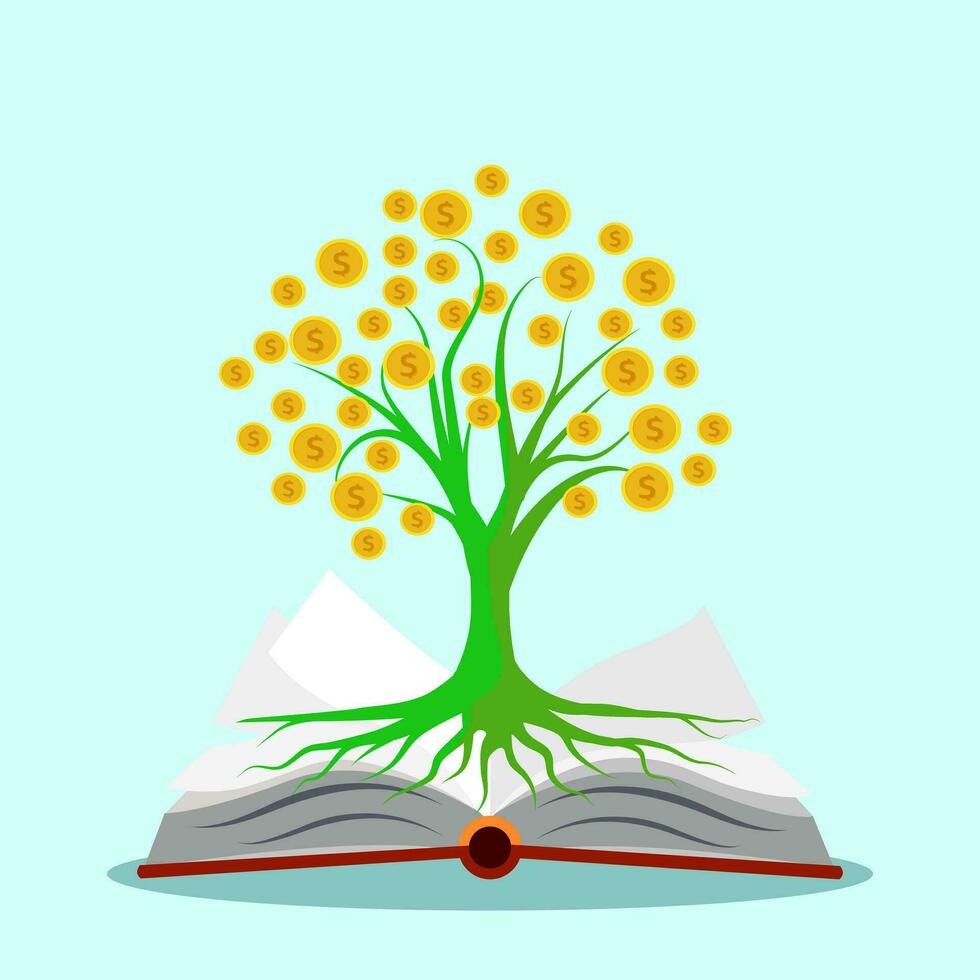 Open a book and money tree.The concept of making money from books.Vector Illustration vector