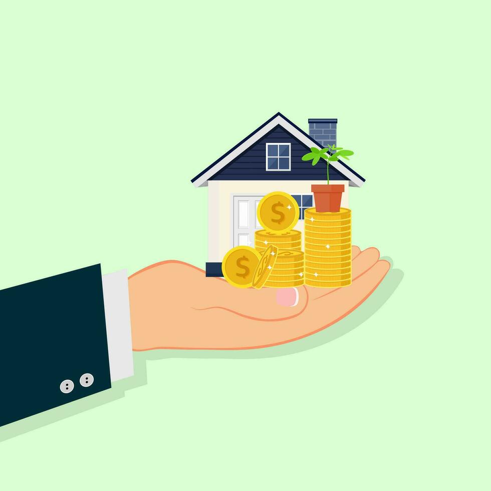 Hold a small house with light green plants up on a pile of money growth and Investment concept vector