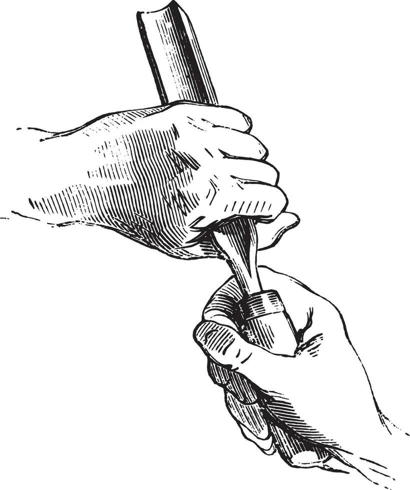 Both hands holding the gouge, vintage engraving. vector