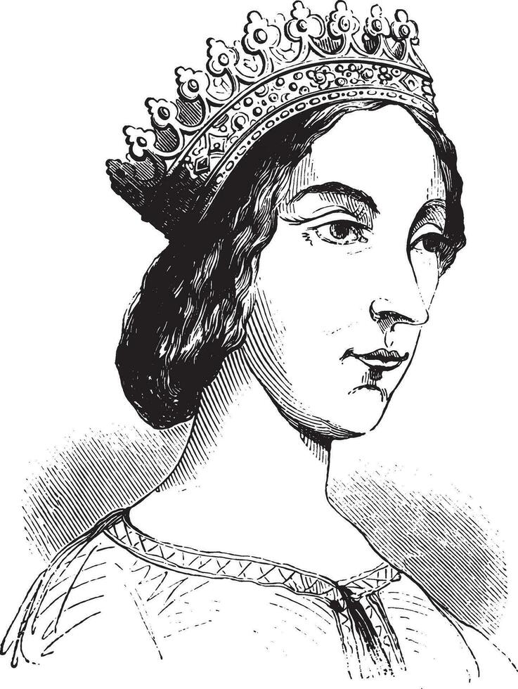 The Portrait of Jeanne de Laval, second wife of King Rene, drawing in the pen of the fifteenth century, vintage engraving. vector