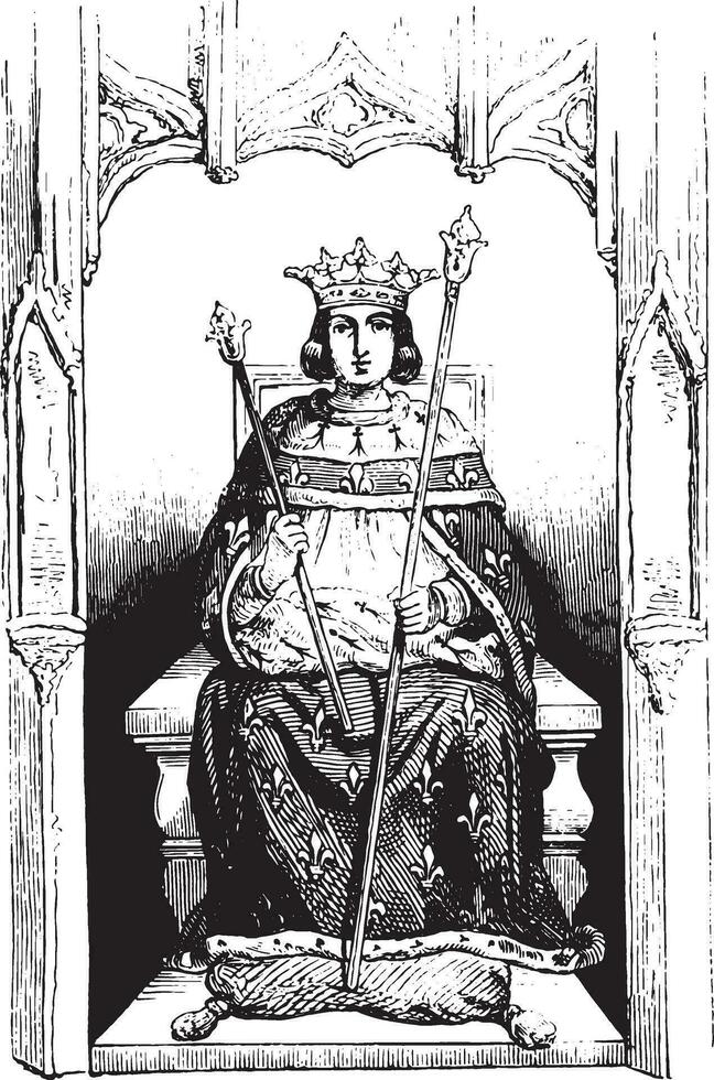 Saint Louis in royal costume, Tire from a stained glass window in the church of Saint Louis de Poissy, vintage engraving. vector
