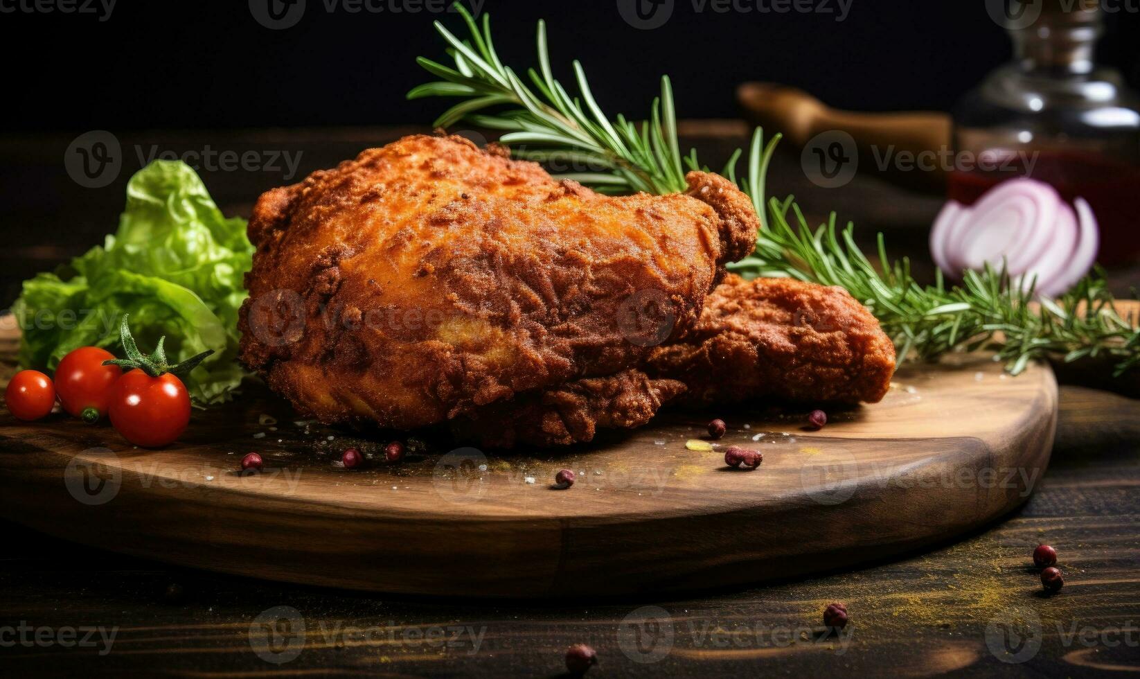 AI generated Grilled chicken on cutting board with herbs and spices on wooden table photo