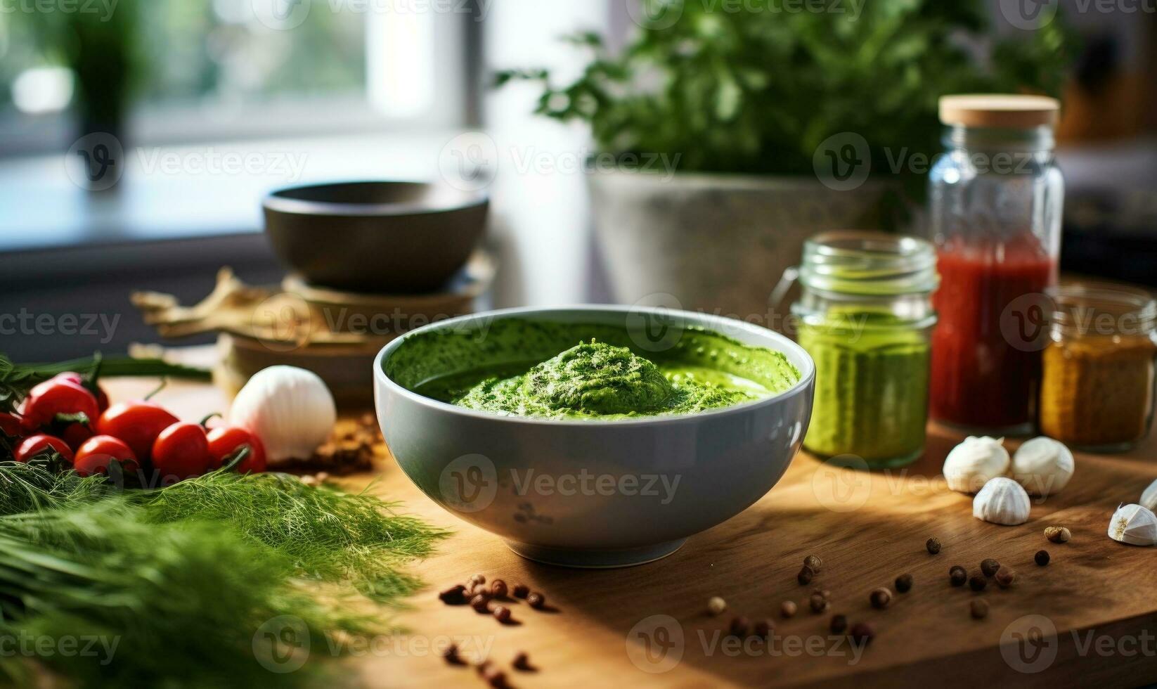 AI generated Grilled chicken on cutting board with herbs and spices on wooden table photo