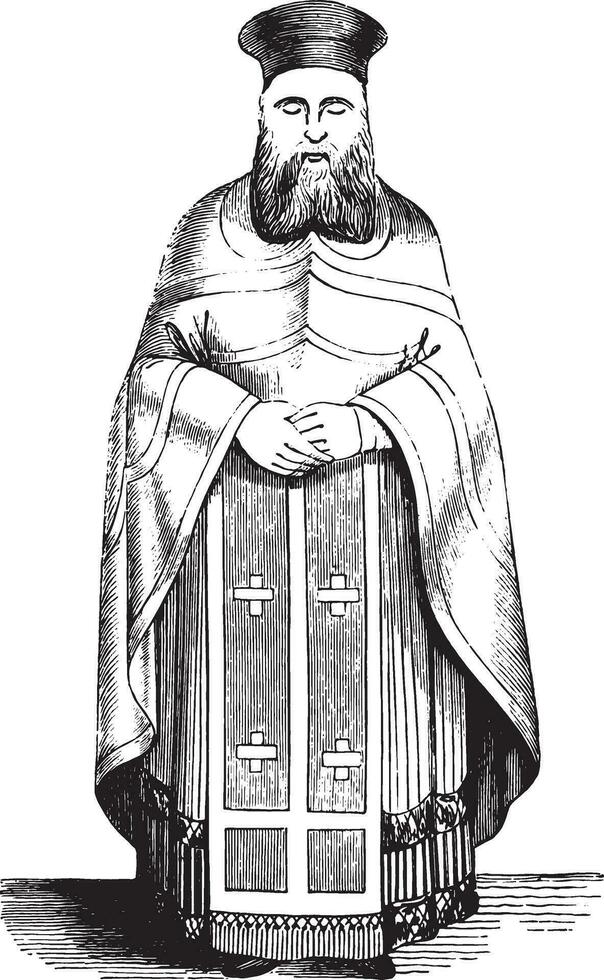 Priest, Ecclesiastical costume Greece, vintage engraving. vector