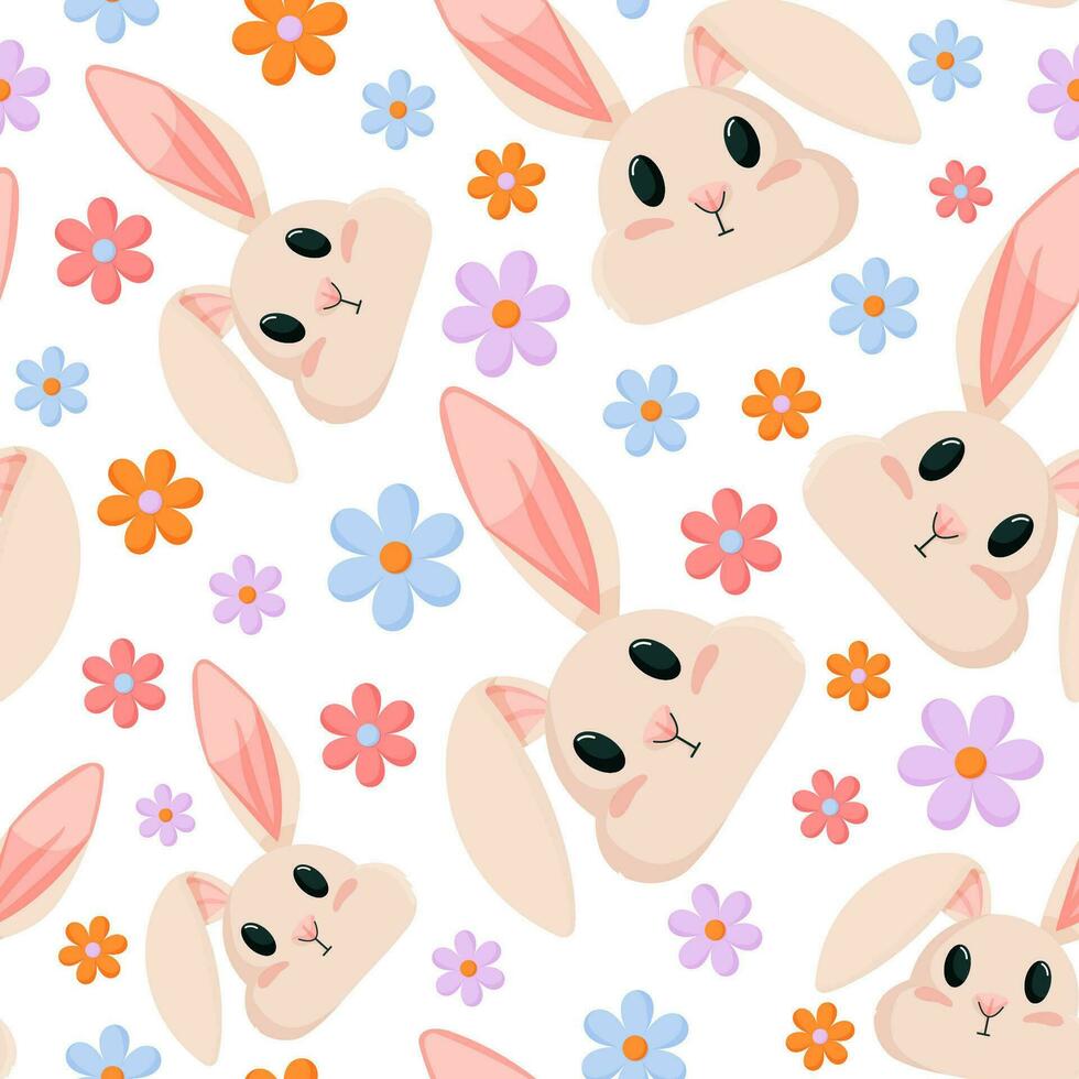 Rabbit and flowers pattern. Seamless Pattern background. Cartoon rabbit vector illustration for kids. Seamless easter spring pattern.