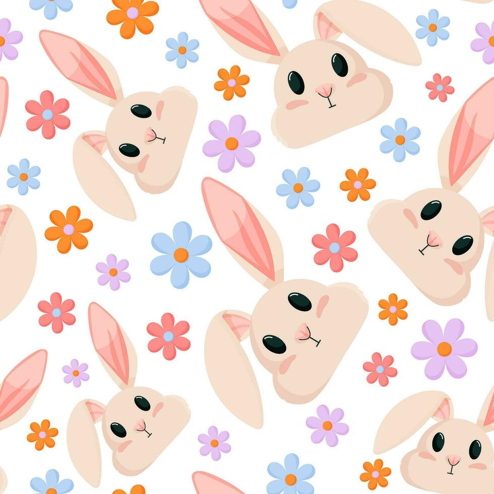 Rabbit and flowers pattern. Seamless Pattern background. Cartoon rabbit vector illustration for kids. Seamless easter spring pattern.