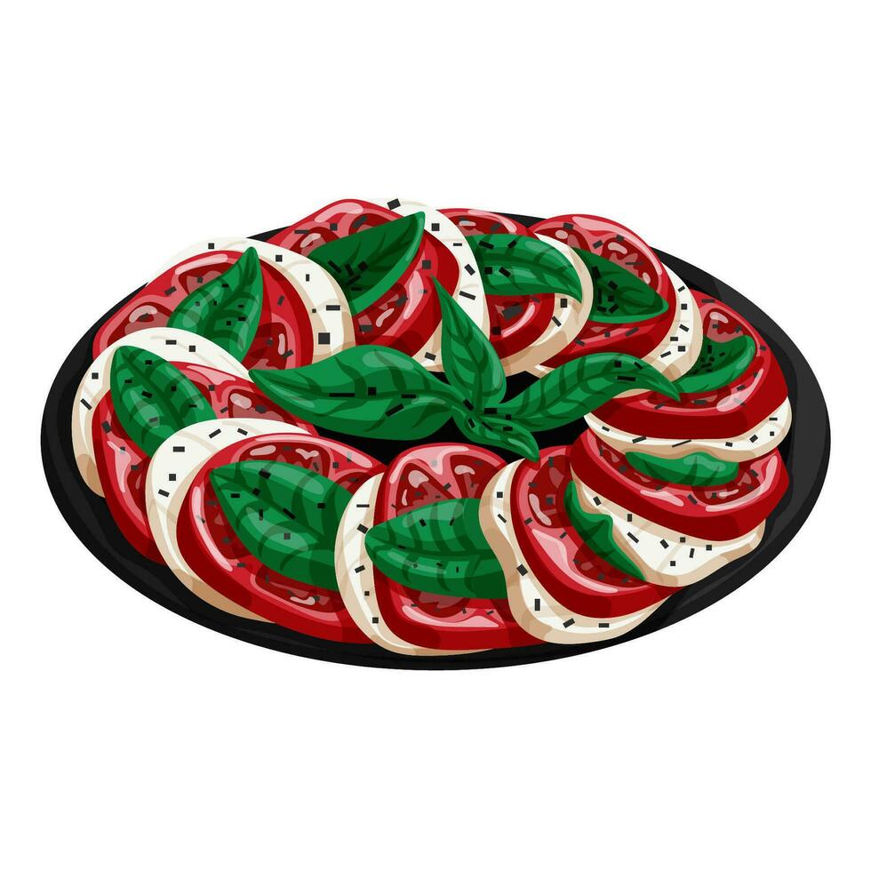 Caprese salad in cartoon style. Italian dish with mozzarella, basil and pepper on a dark plate. Vector illustration isolated on a white background.