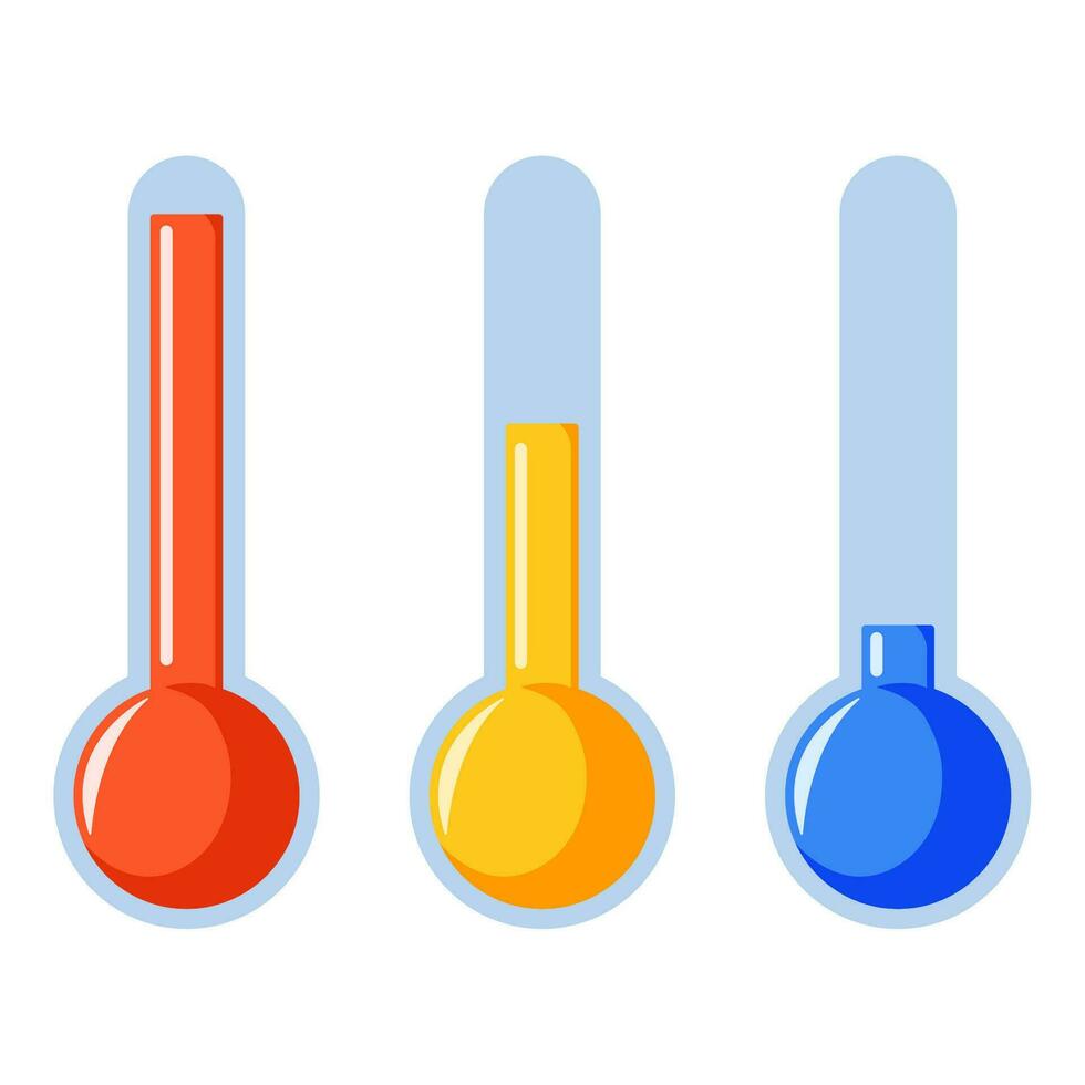 Thermometers icons in cartoon style. Measure hot and cold temperature, forecast, climate and meteorology. Vector illustration isolated on a white background.