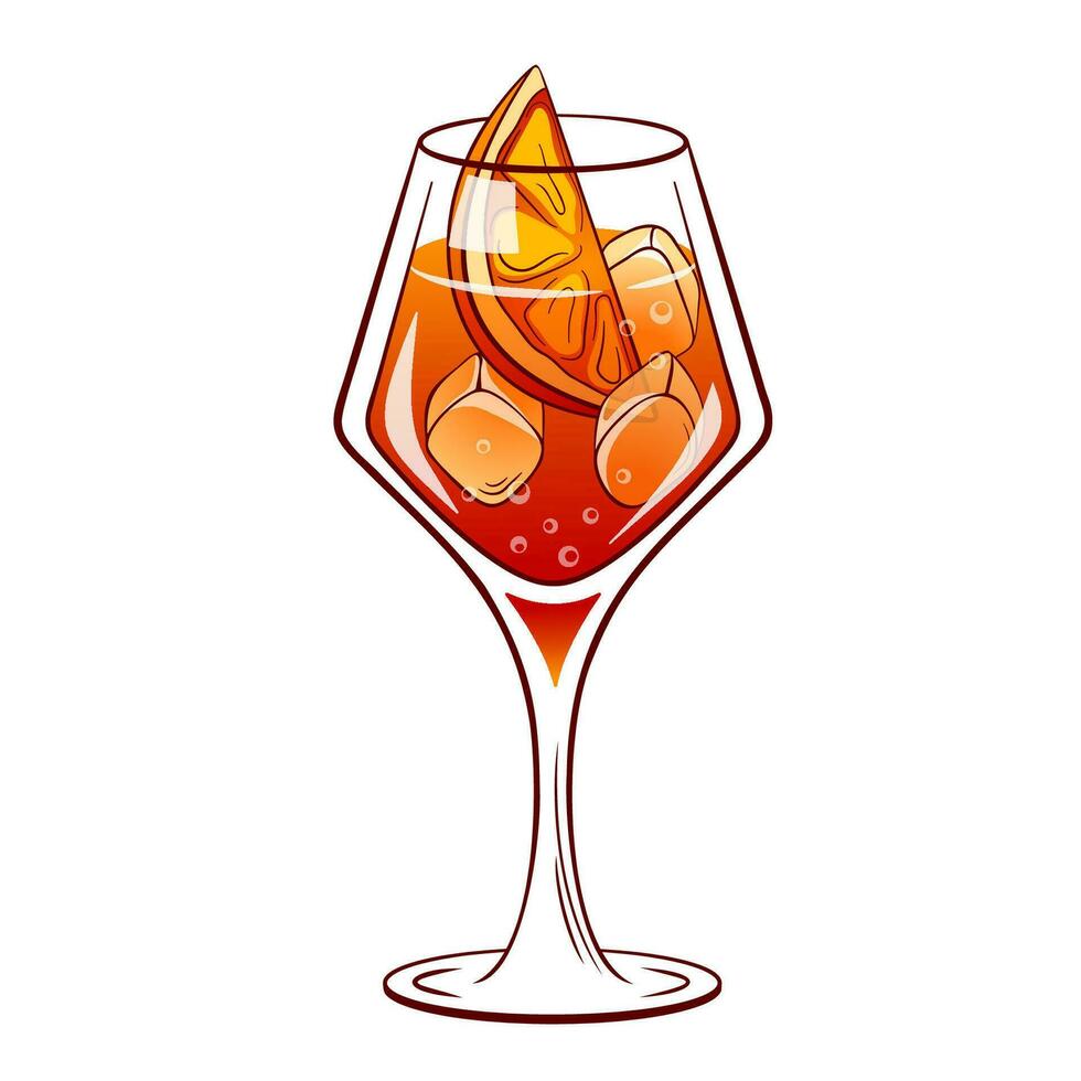 Campari spritz cocktail in glass with ice and slice of orange. Summer Italian aperitif. Retro illustration for bar menu. Vector illustration on a white background.