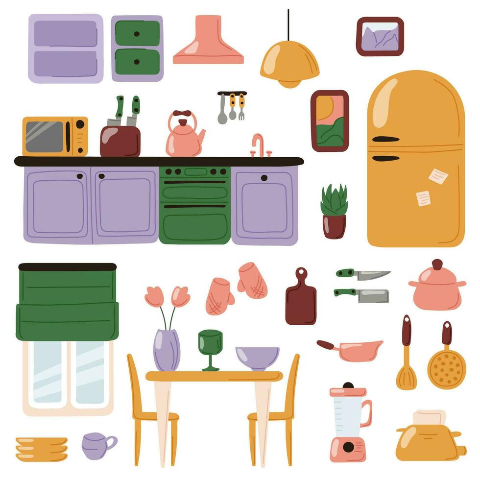 Interior of kitchen, furniture composition set and accessories for design. Equipment elements for kitchen cooking vector illustration in flat hand drawn style. Isolated on a white background.