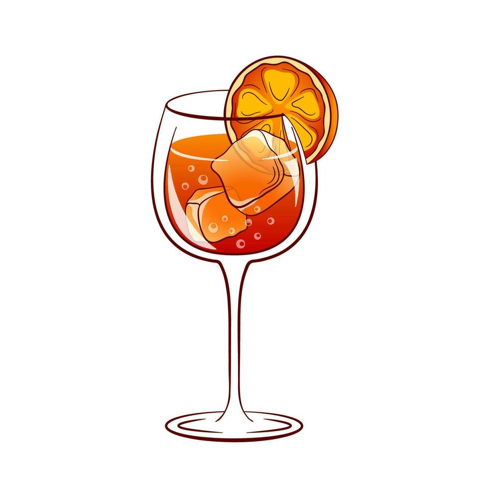 Aperol spritz cocktail. Alcoholic drink with fresh orange and ice. Vector illustration isolated on a white background.