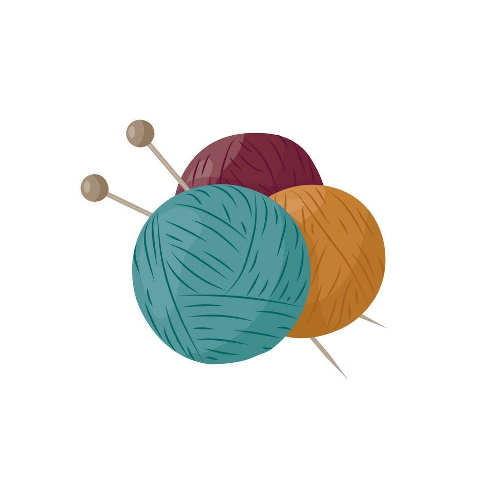 Colorful balls of yarn with knitting needles. Female hobby knitwork, handicraft, hand-knitting. vector