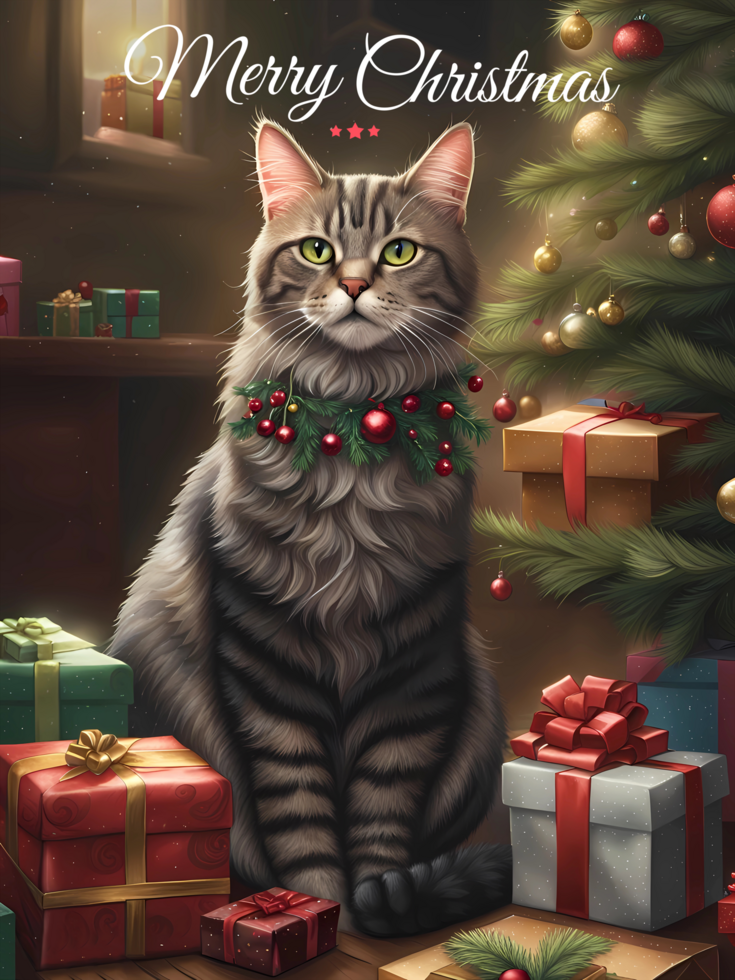 ai gerado alegre Natal poster modelo com gato, Natal árvores e apresenta psd