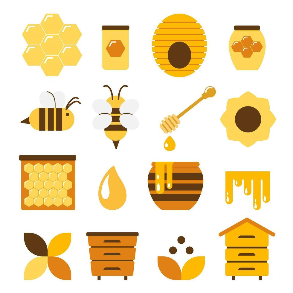 Honey Bees Vector Set. Cute bee cartoon collection. Funny illustrations, flat style icons. Beekeeping clip art. Queen bee, beehives, borders, flowers, honeycombs.