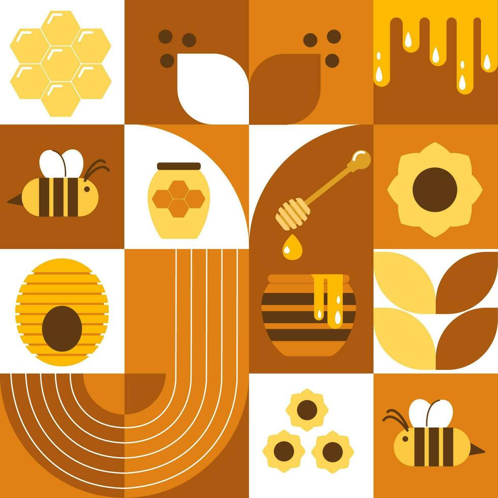 Vector seamless pattern with bees, honey, honeycombs, hive, flowers. Modern abstract Background. Bauhaus style style. Vector illustration of geometric shapes.