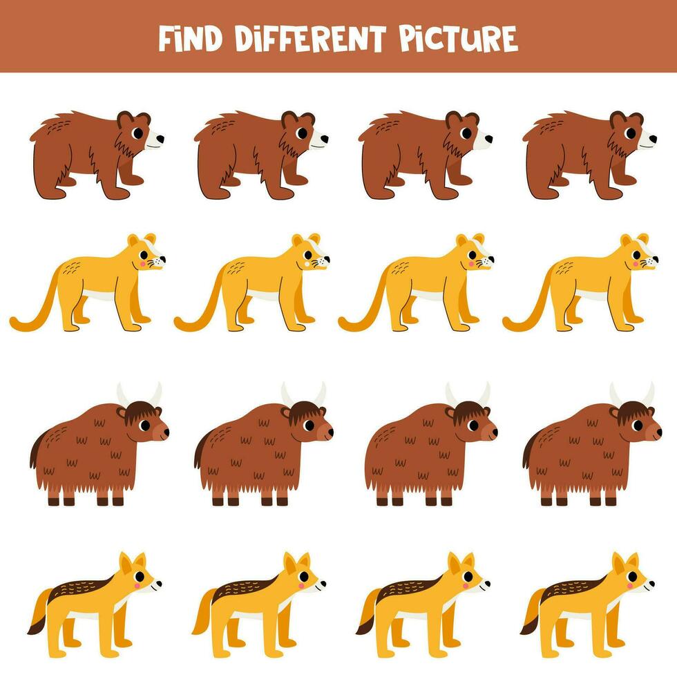 Find different animal in each row. Logical game for preschool kids. vector